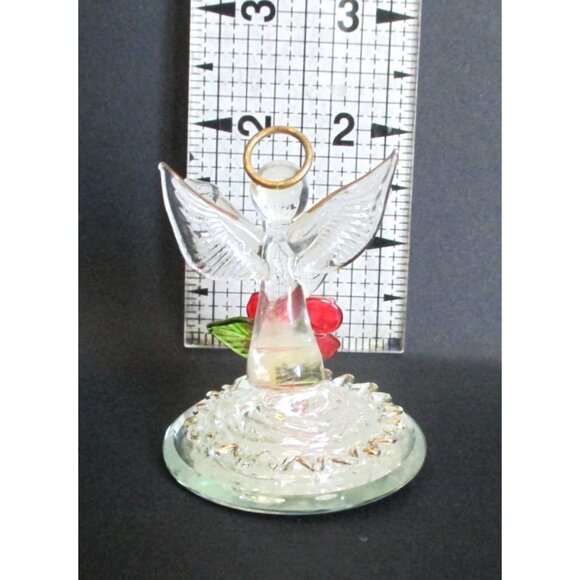 Glass Angel Figurine With Gold Accents and  Red Flower On Round Mirror Base - Picture 6 of 7